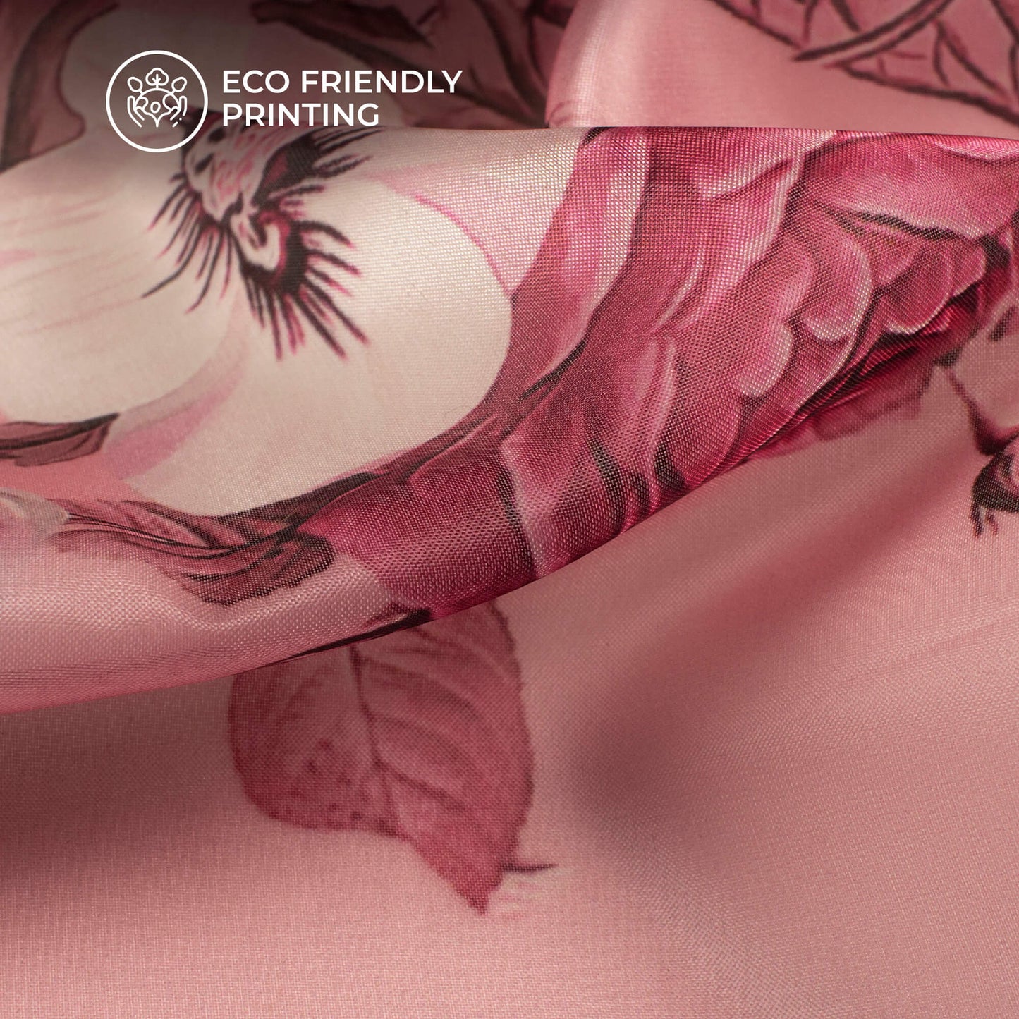 Baby Pink Floral Printed Organza Satin Fabric