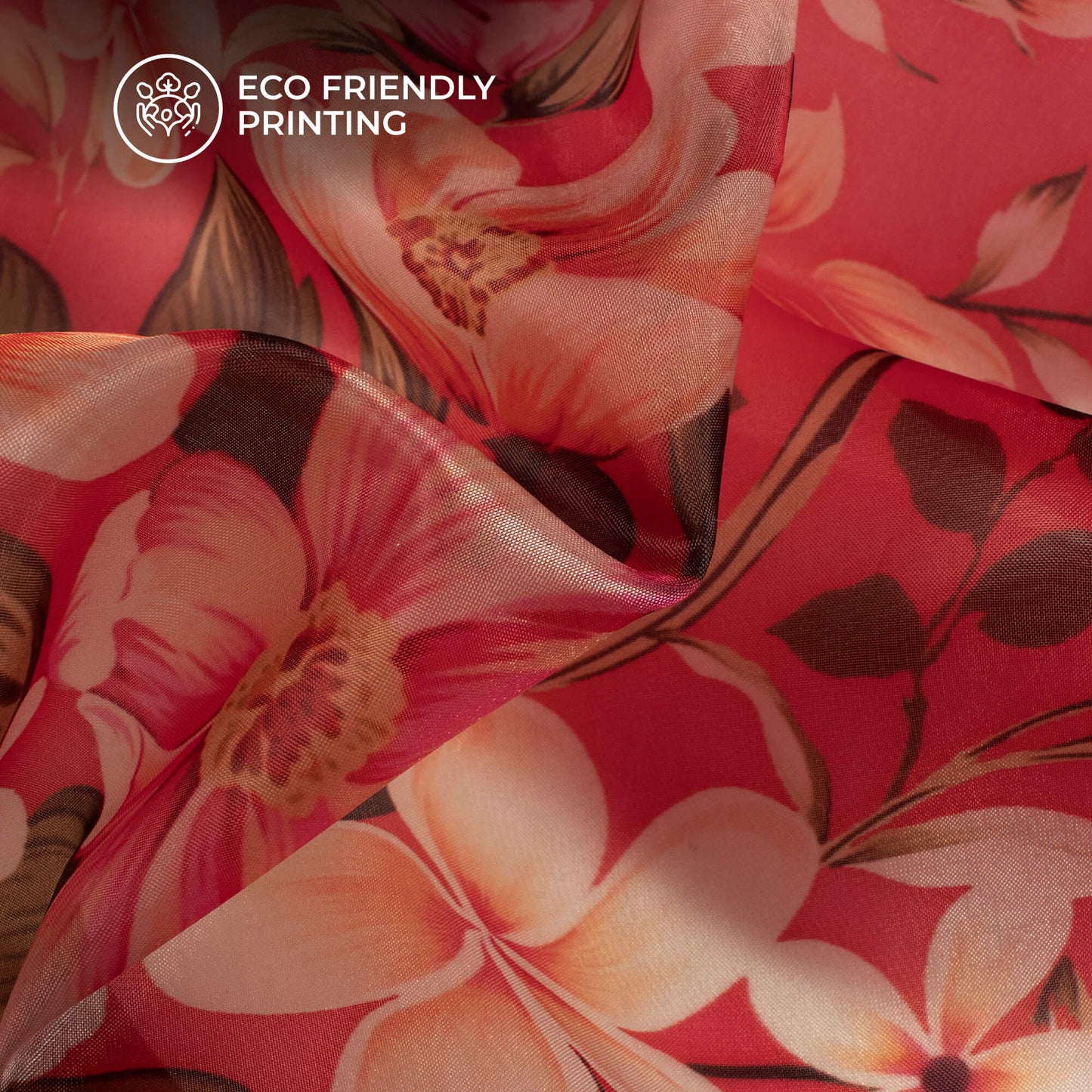 Rouge Red Floral Printed Organza Satin Fabric