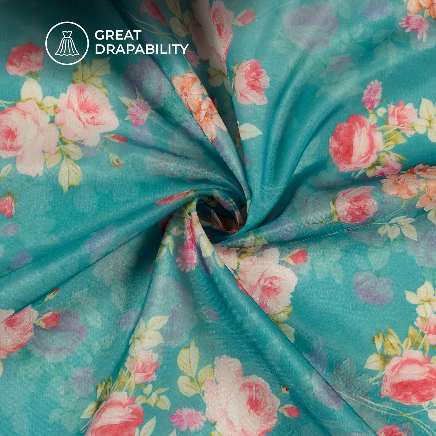Sky Blue And Pink Floral Printed Organza Satin Fabric