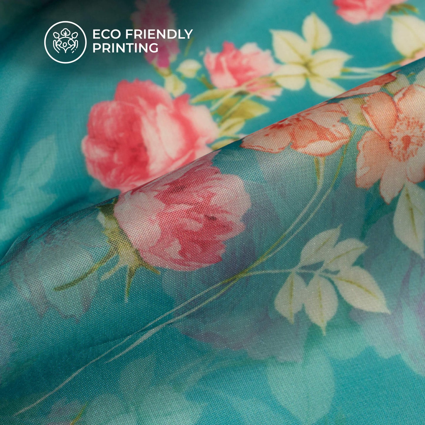 Sky Blue And Pink Floral Printed Organza Satin Fabric