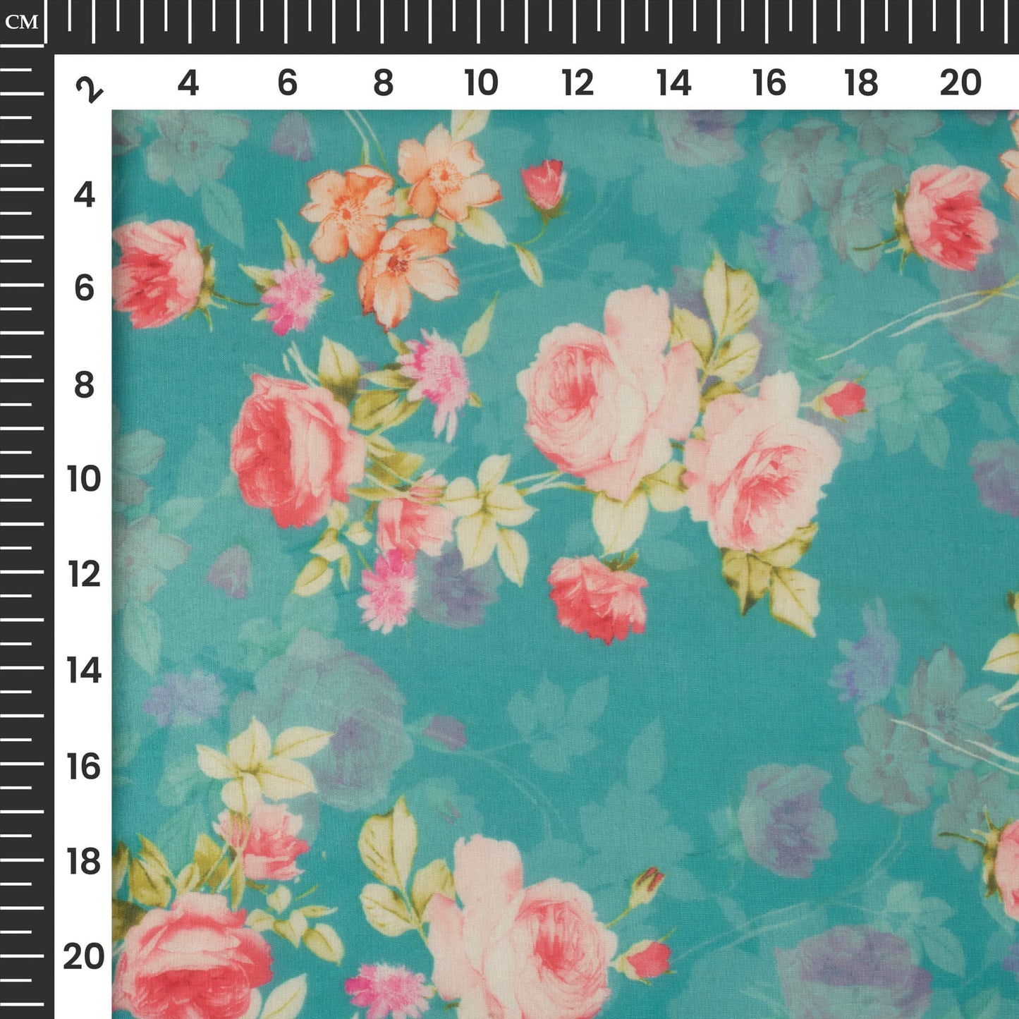 Sky Blue And Pink Floral Printed Organza Satin Fabric