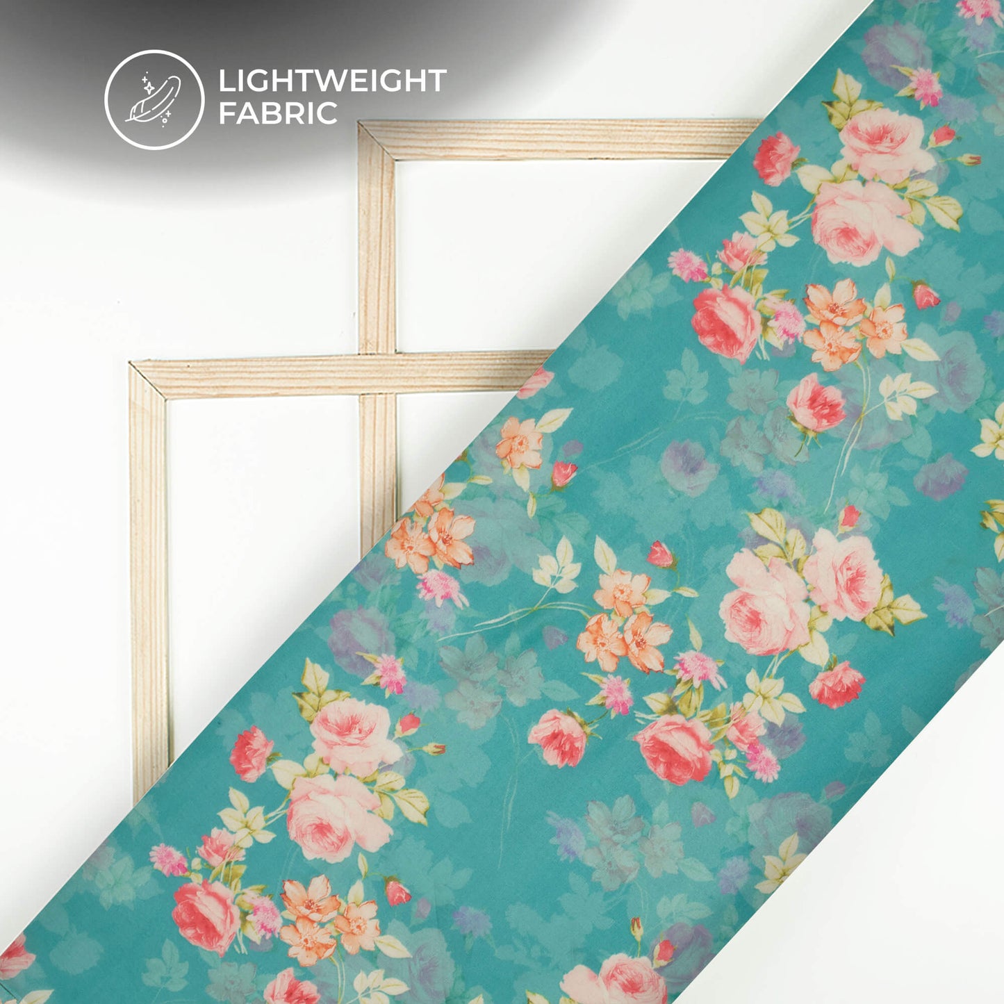 Sky Blue And Pink Floral Printed Organza Satin Fabric