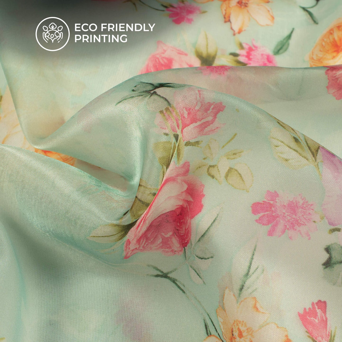 Tea Green And Pink Floral Printed Organza Satin Fabric