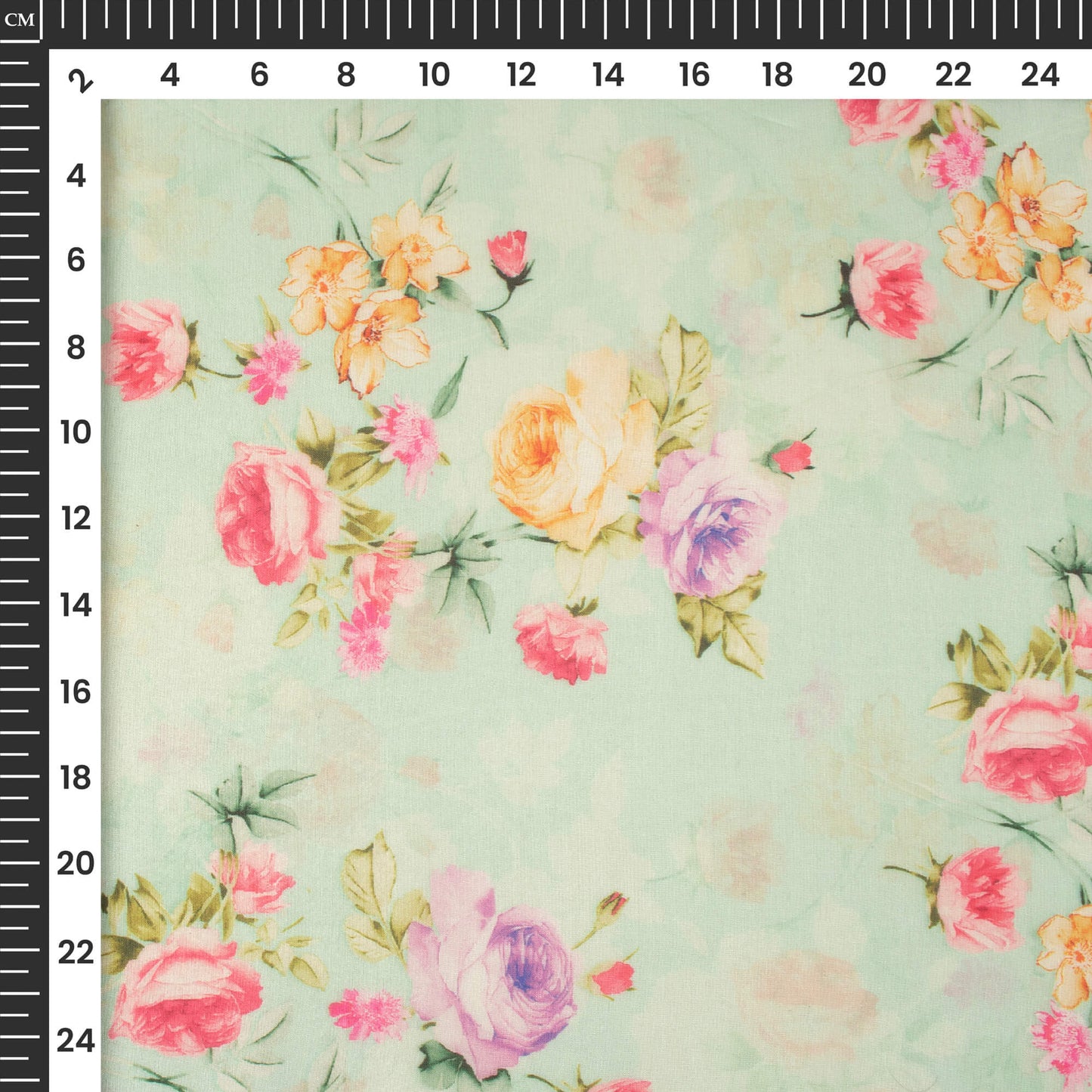 Tea Green And Pink Floral Printed Organza Satin Fabric