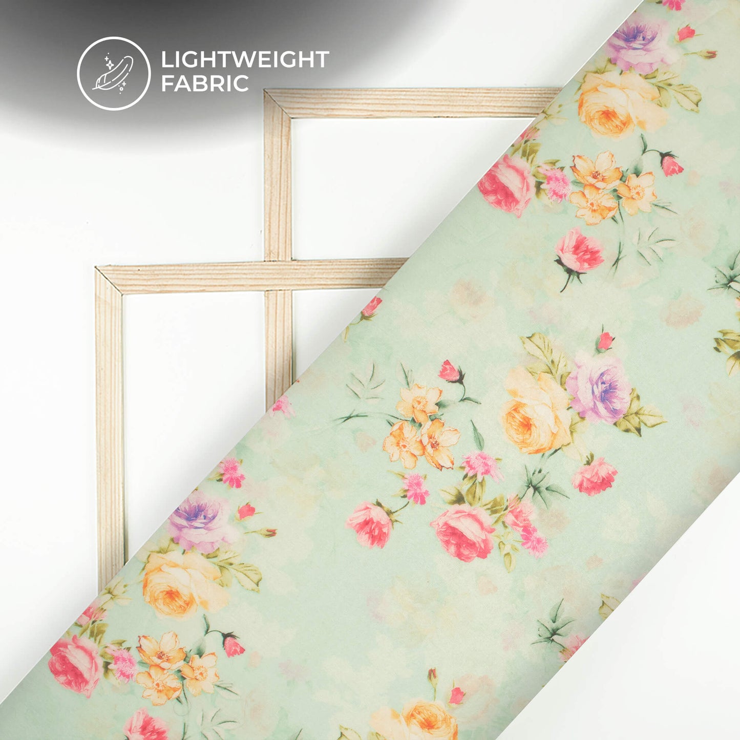 Tea Green And Pink Floral Printed Organza Satin Fabric