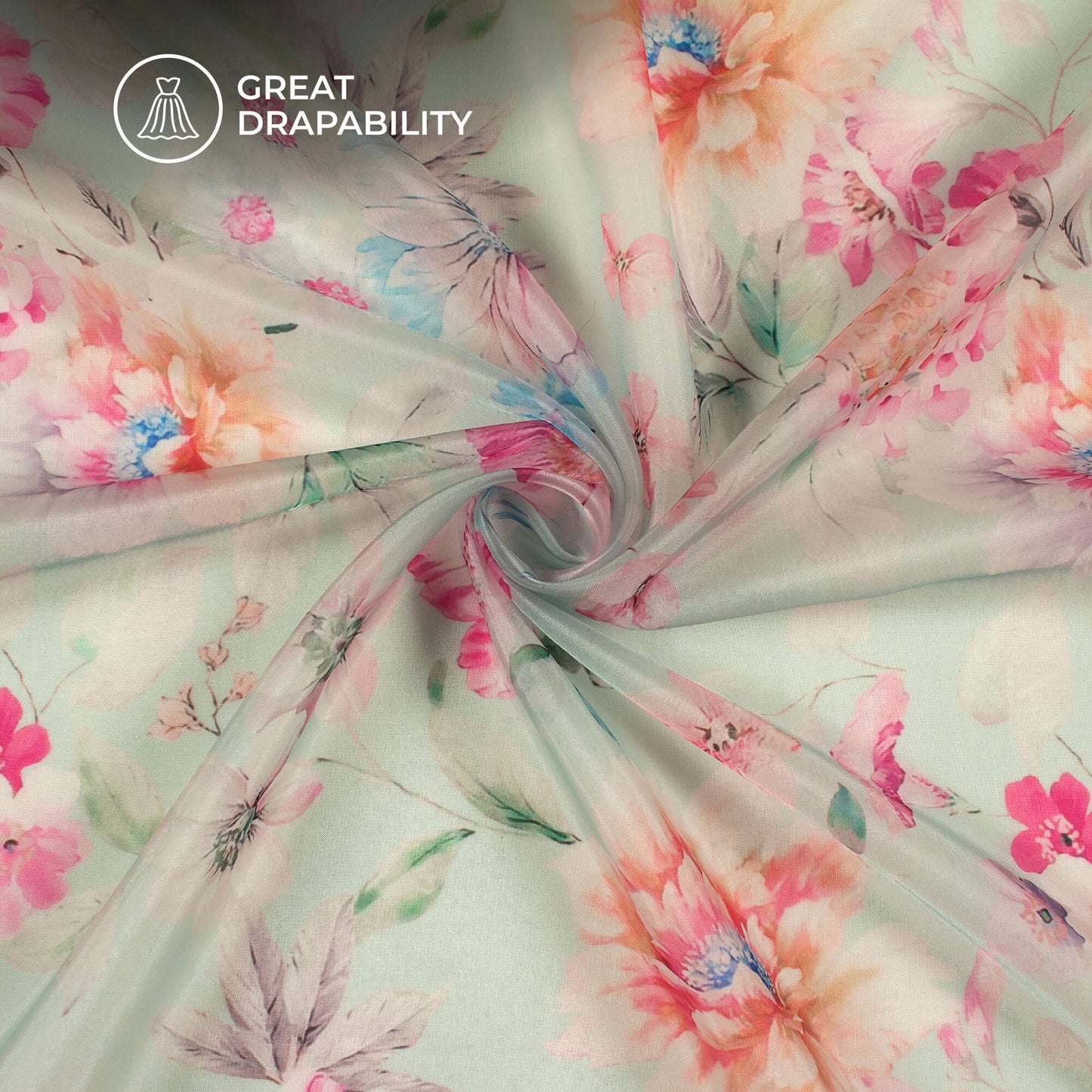 Tea Green And Pink Floral Printed Organza Satin Fabric