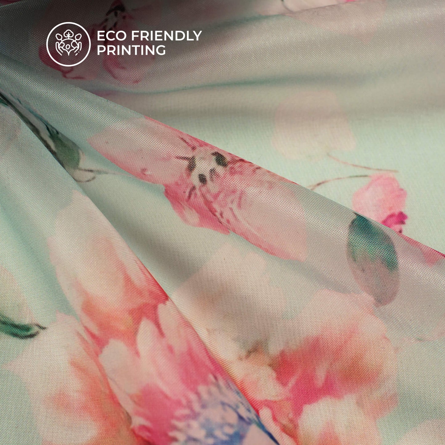 Tea Green And Pink Floral Printed Organza Satin Fabric