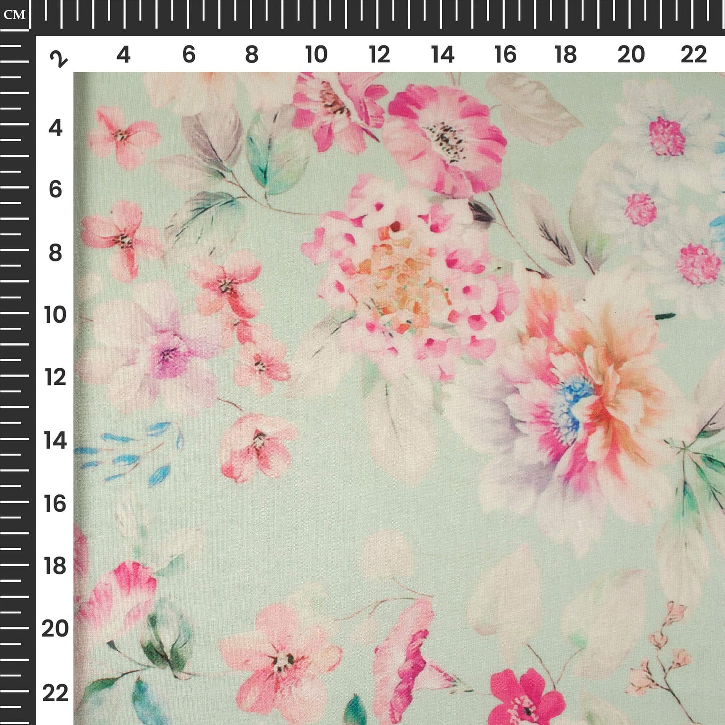 Tea Green And Pink Floral Printed Organza Satin Fabric
