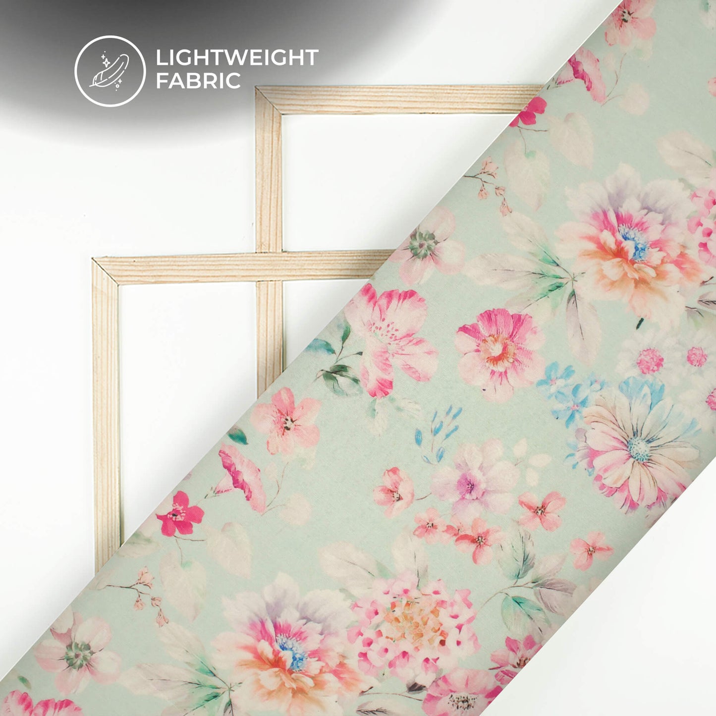 Tea Green And Pink Floral Printed Organza Satin Fabric