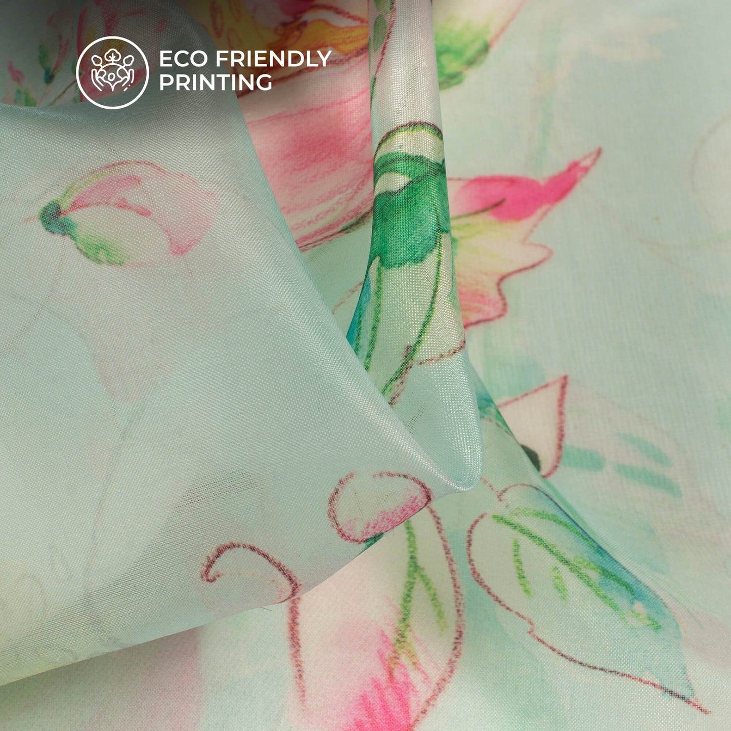 Mint Green And Pink Floral Printed Organza Satin Fabric