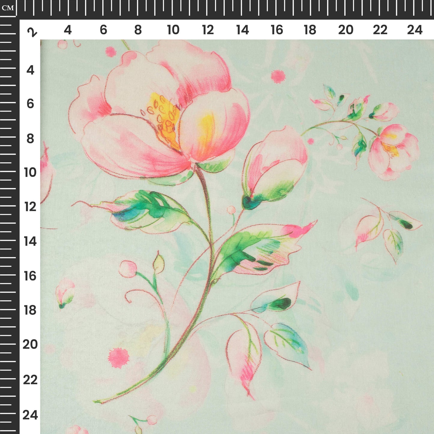 Mint Green And Pink Floral Printed Organza Satin Fabric