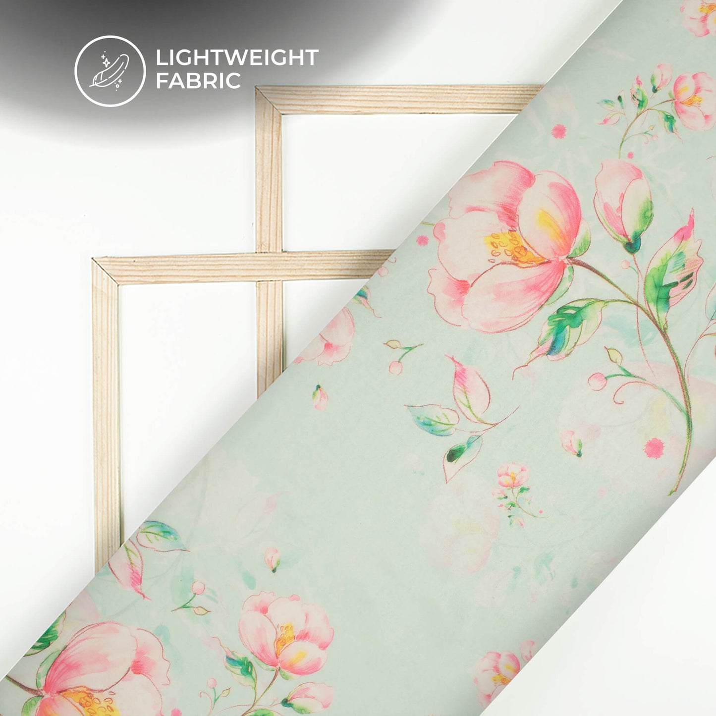 Mint Green And Pink Floral Printed Organza Satin Fabric