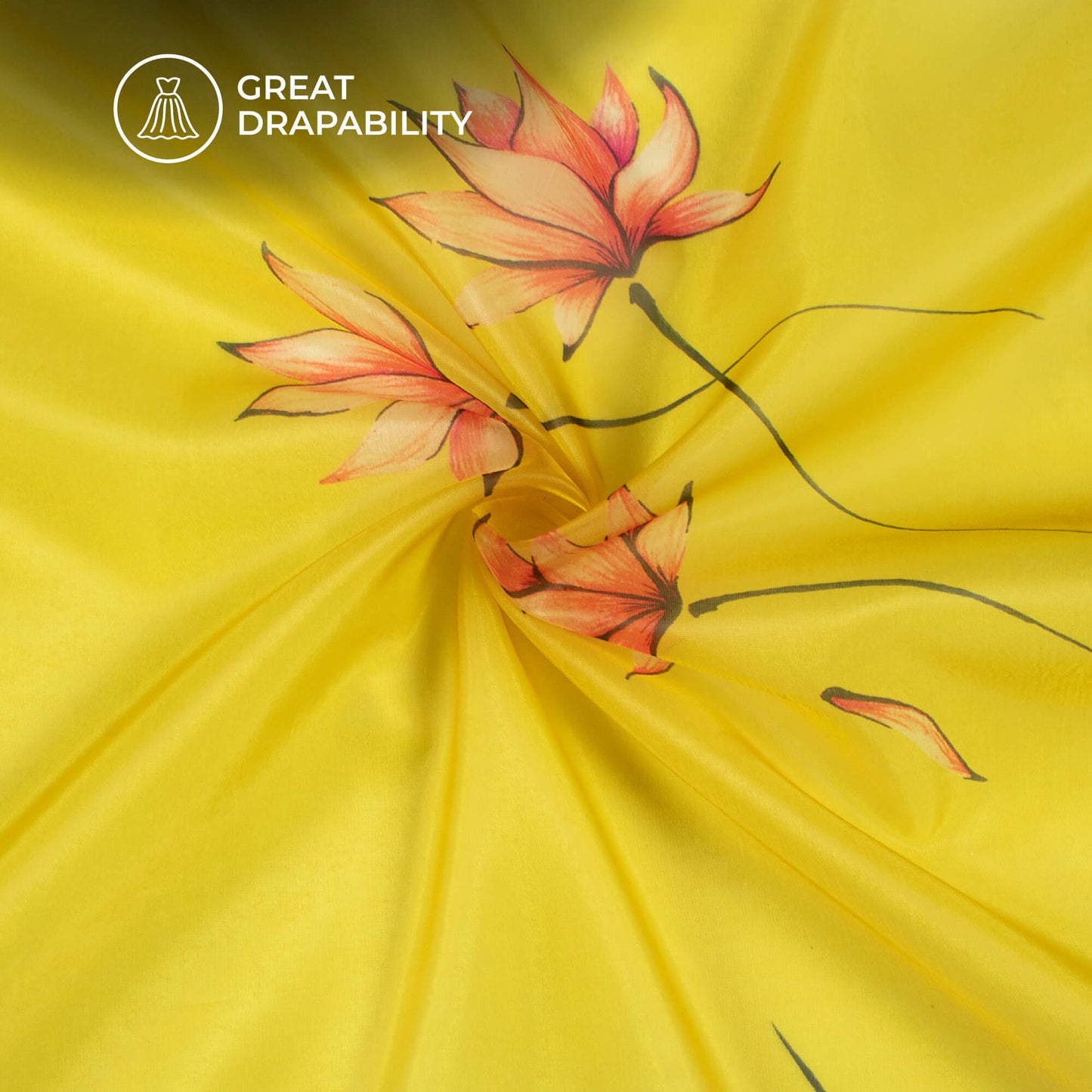 Bumblebee Yellow Floral Printed Organza Satin Fabric
