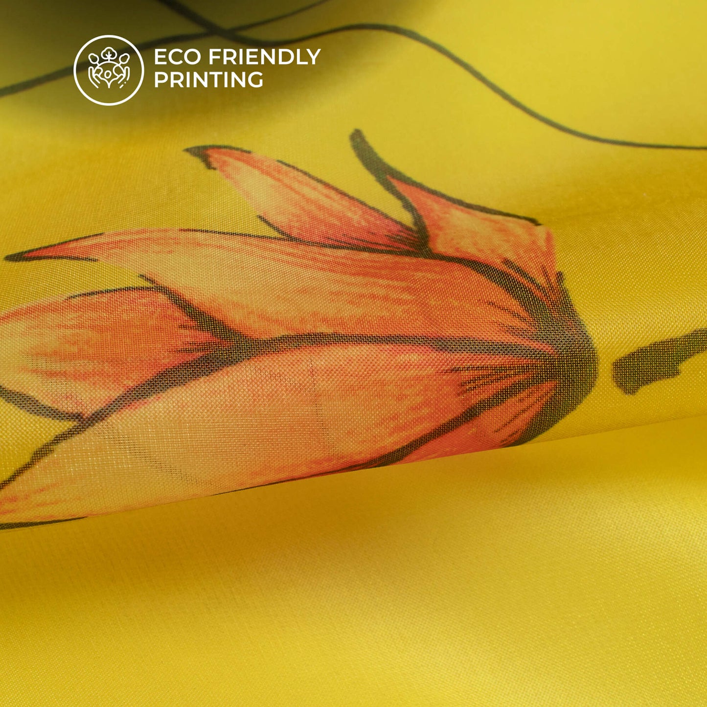Bumblebee Yellow Floral Printed Organza Satin Fabric