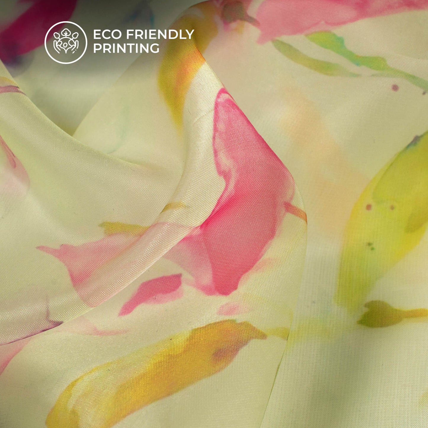 Tea Green And Pink Leaf Printed Organza Satin Fabric
