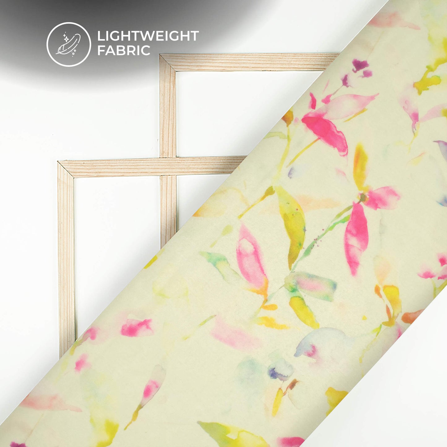 Tea Green And Pink Leaf Printed Organza Satin Fabric