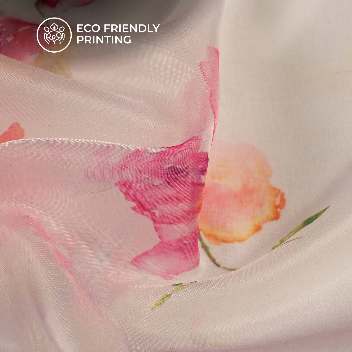 Pastel Pink Floral Printed Organza Satin Fabric