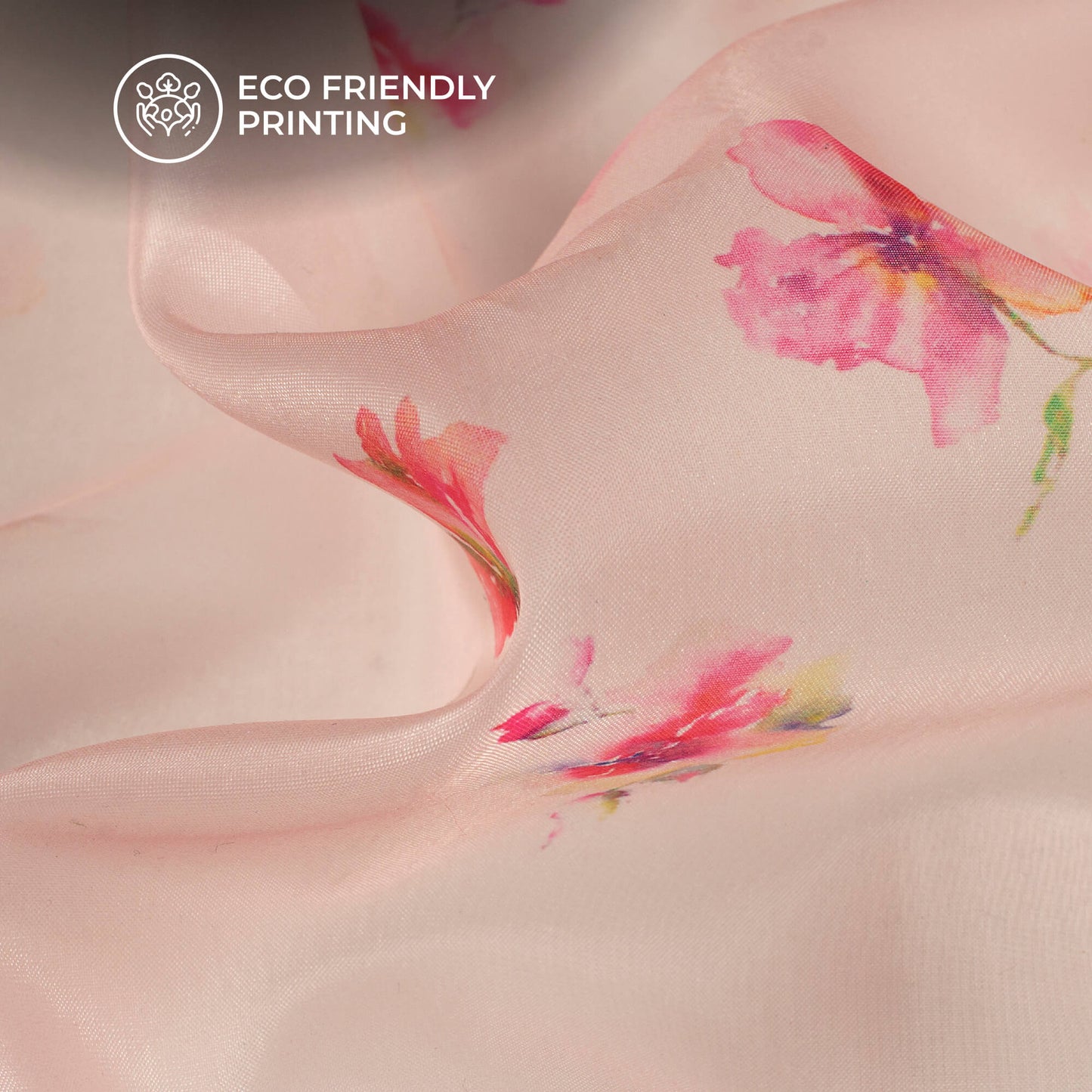 Baby Pink Floral Printed Organza Satin Fabric