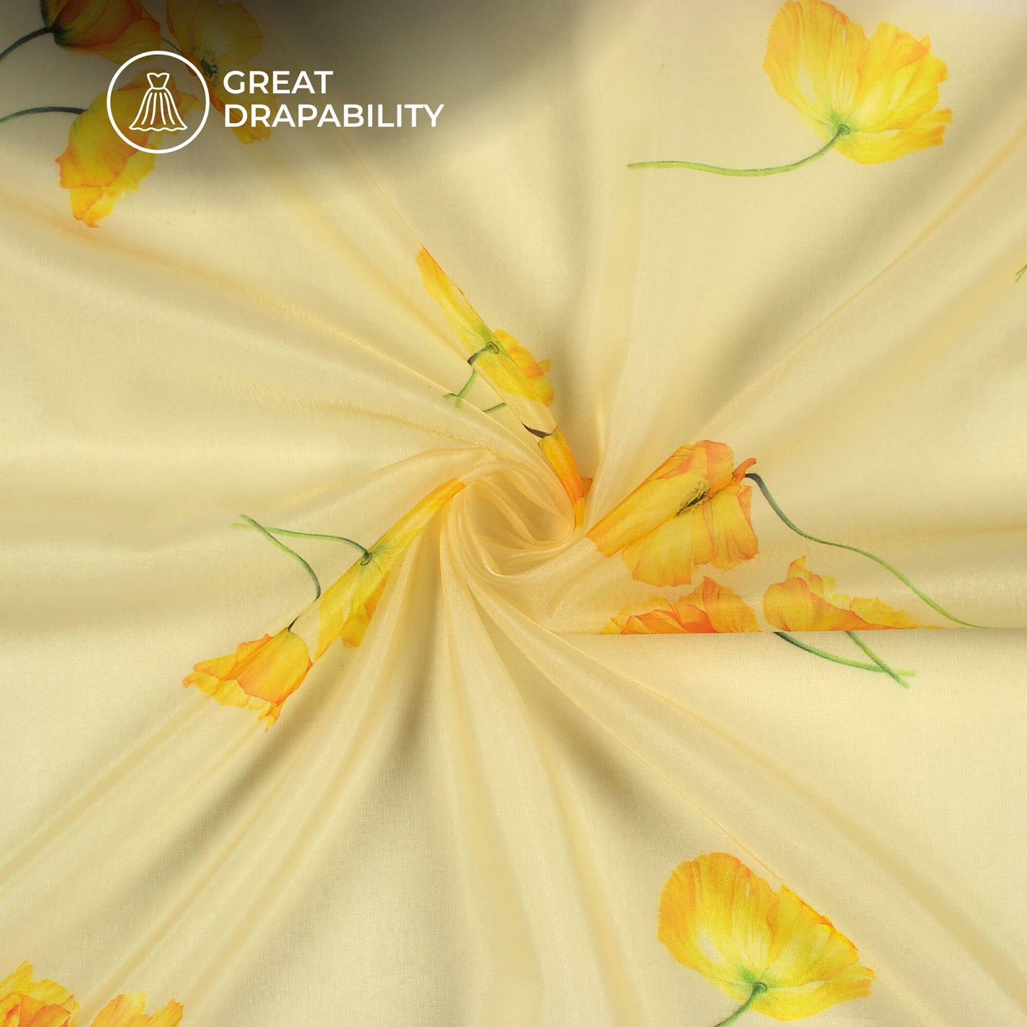 Cream And Yellow Floral Printed Organza Satin Fabric