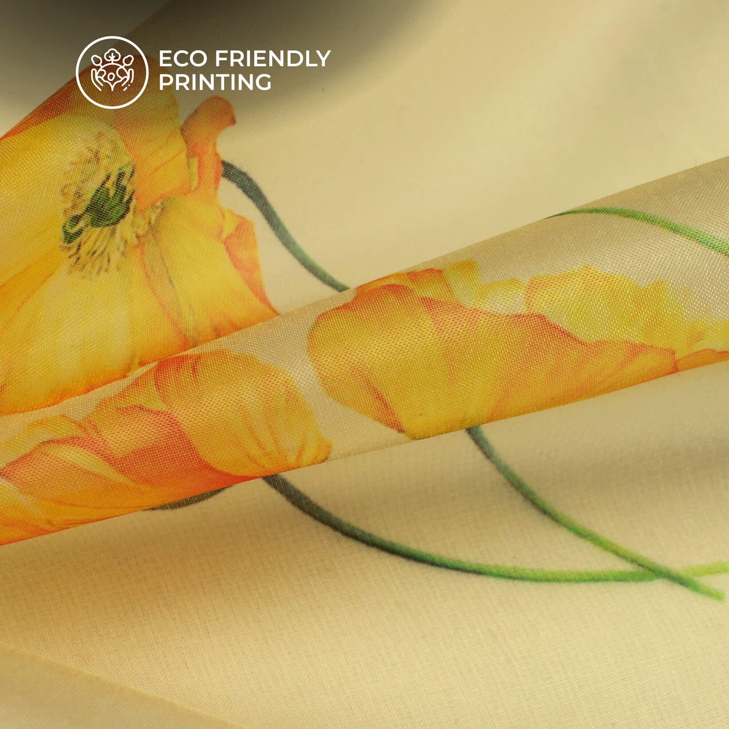 Cream And Yellow Floral Printed Organza Satin Fabric