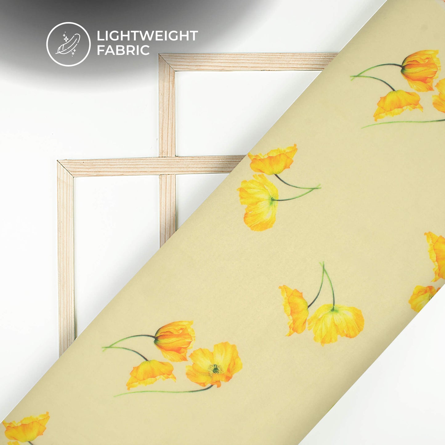 Cream And Yellow Floral Printed Organza Satin Fabric