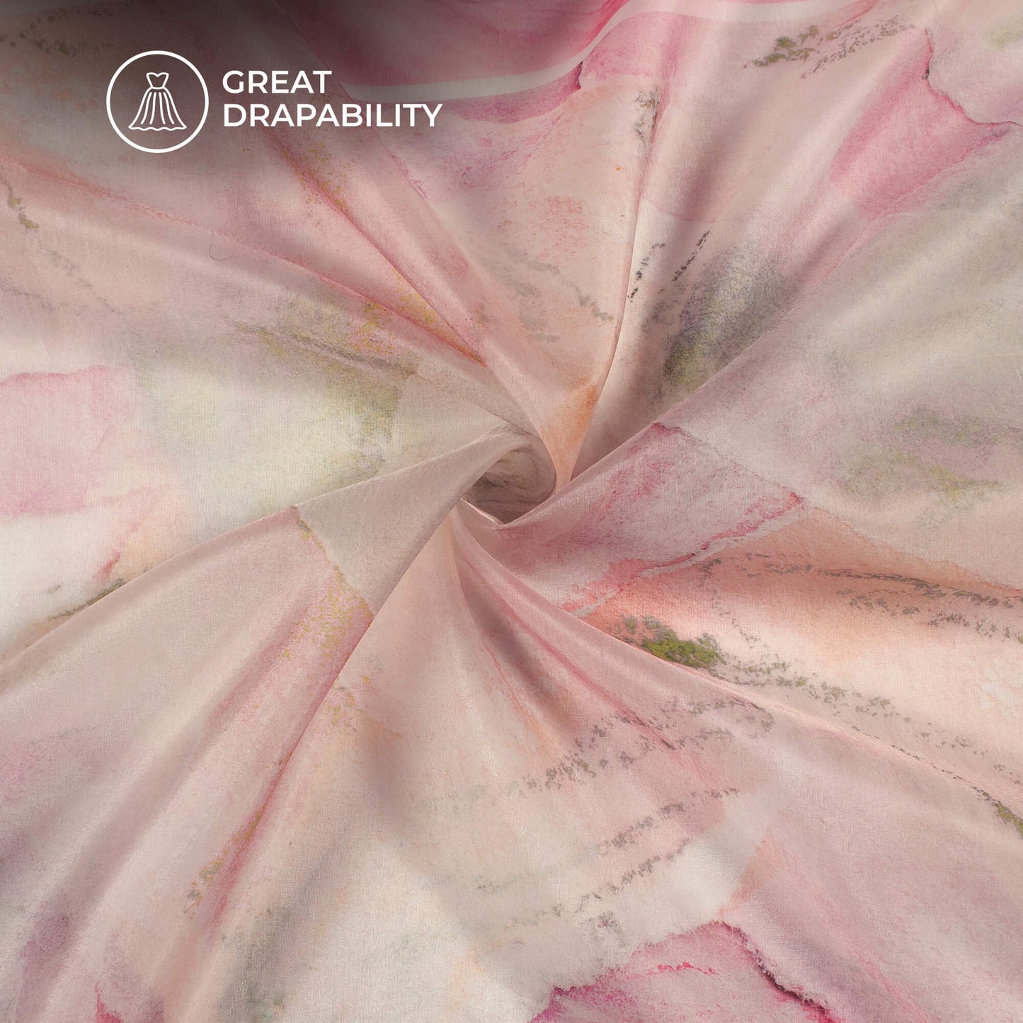 Pale Pink And Green Abstract Printed Organza Satin Fabric