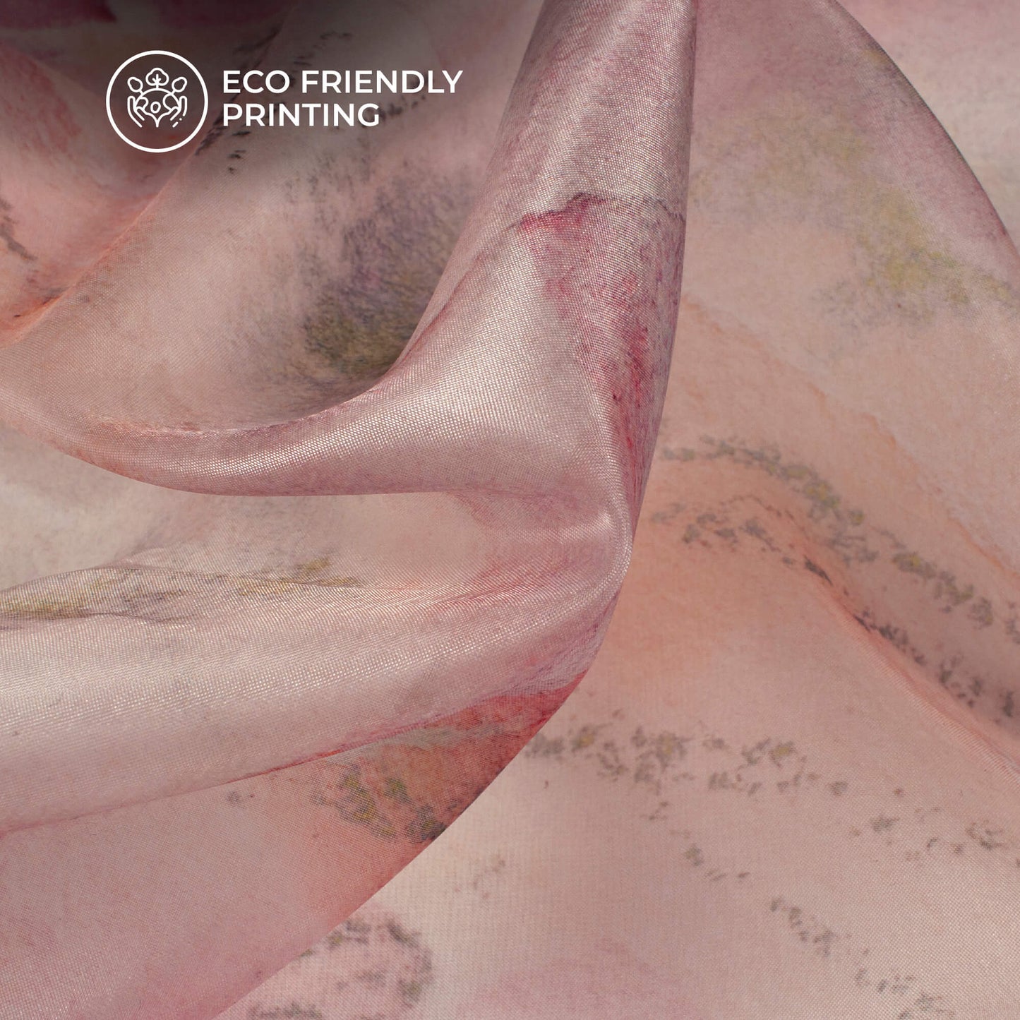 Pale Pink And Green Abstract Printed Organza Satin Fabric