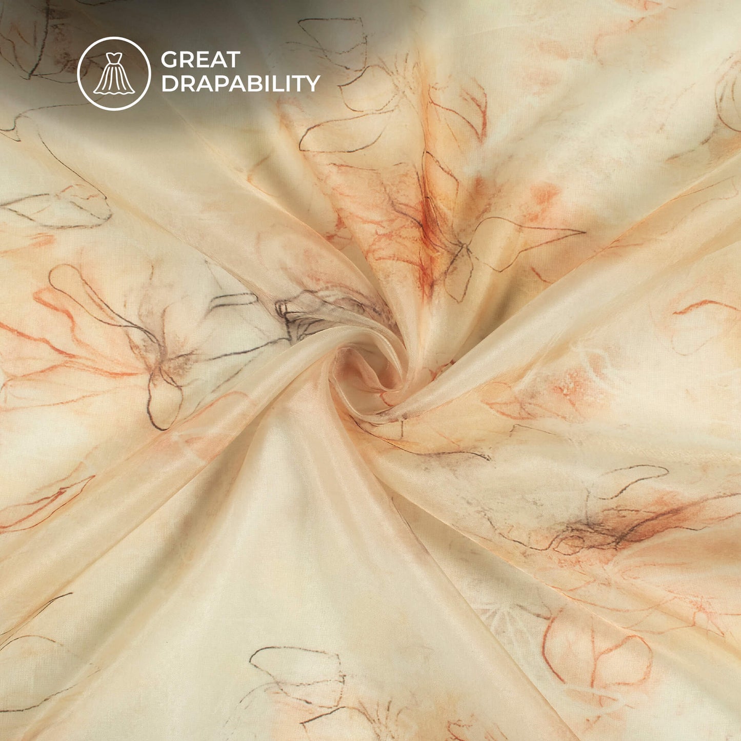 Off White And Brown Floral Printed Organza Satin Fabric