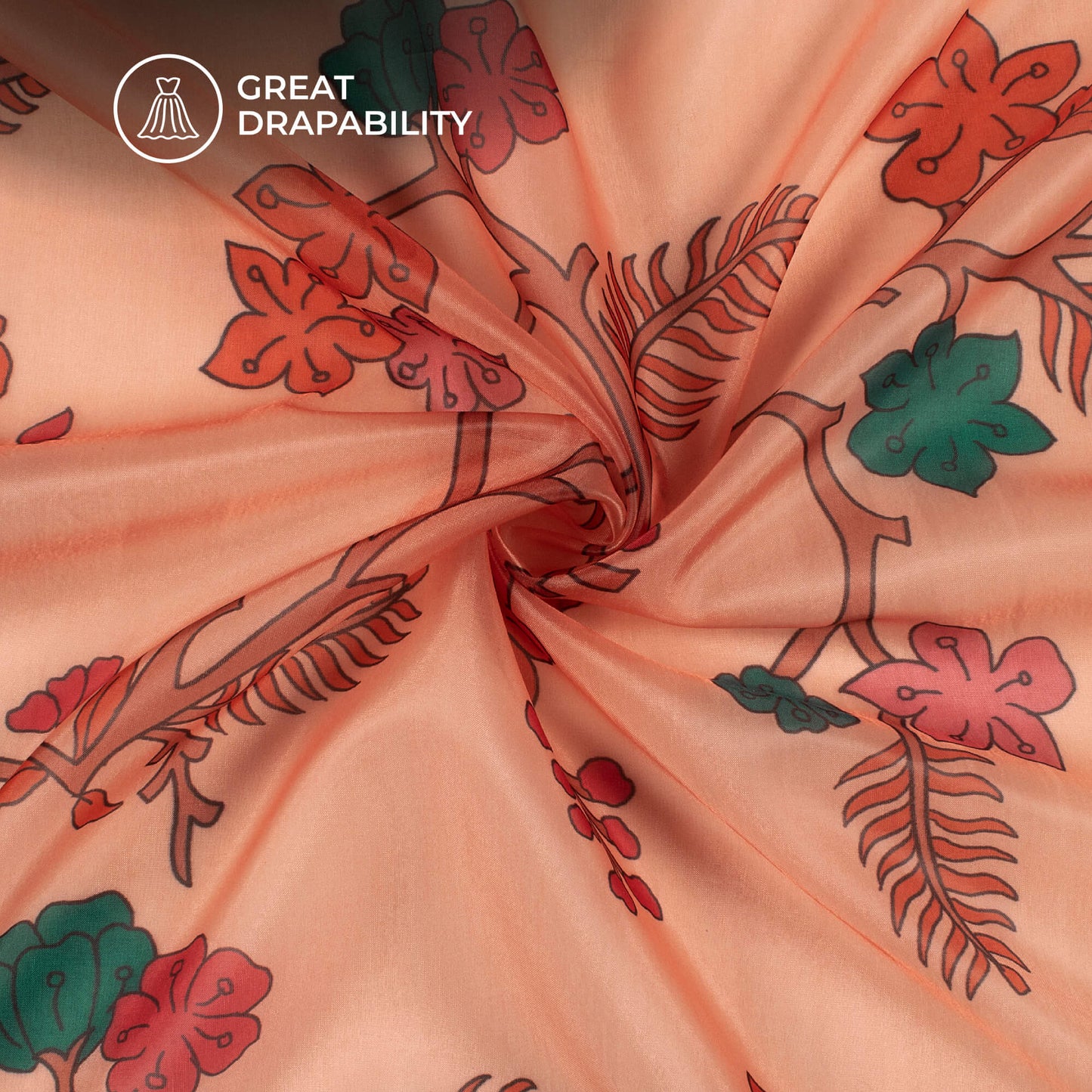 Coral Peach And Dark Orange Floral Printed Organza Satin Fabric