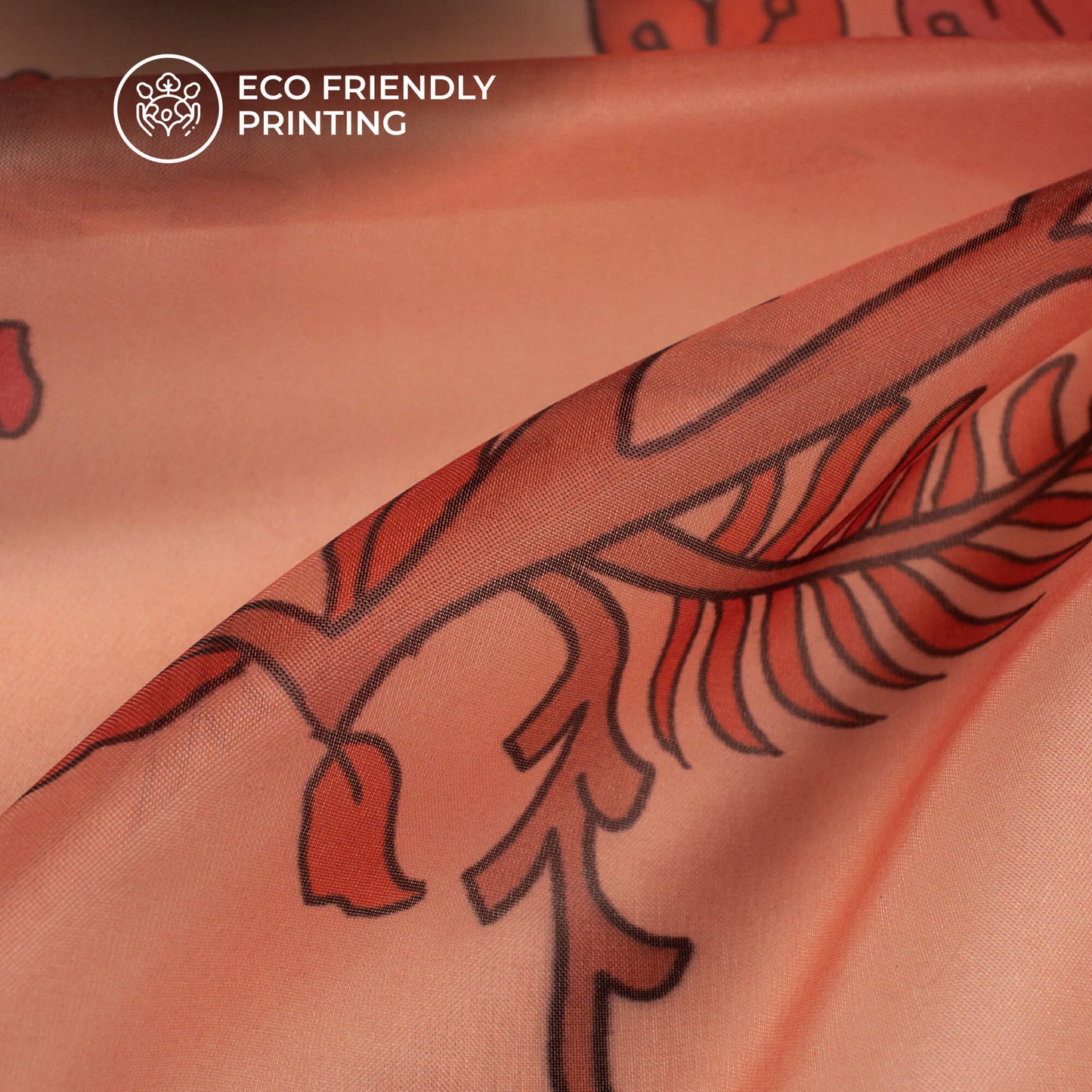 Coral Peach And Dark Orange Floral Printed Organza Satin Fabric