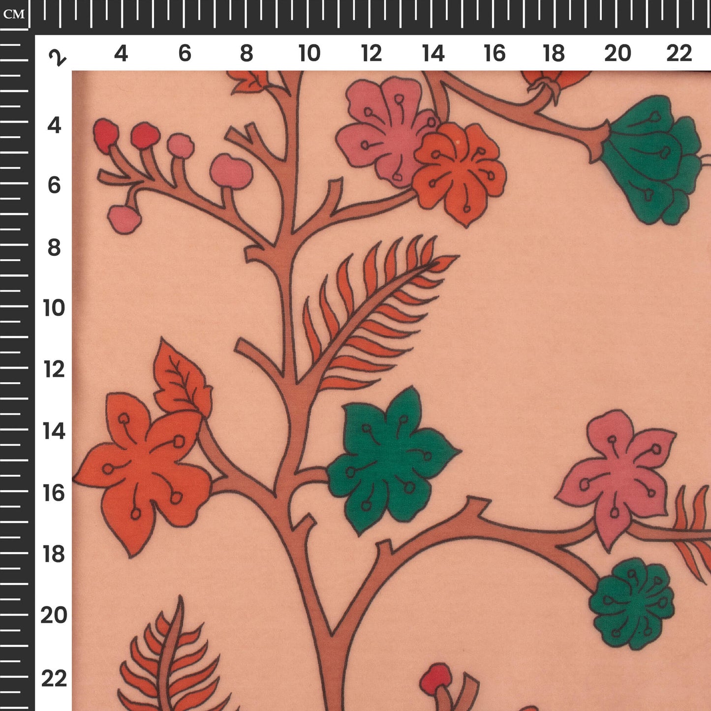 Coral Peach And Dark Orange Floral Printed Organza Satin Fabric