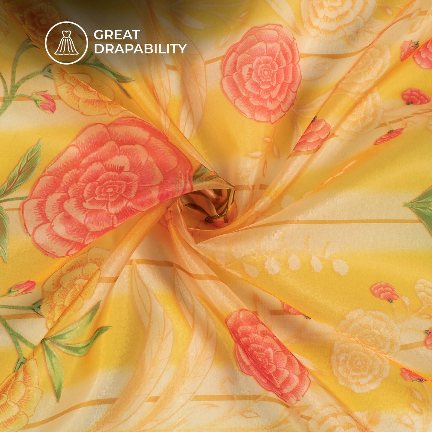 Mustard Yellow Floral Printed Organza Satin Fabric