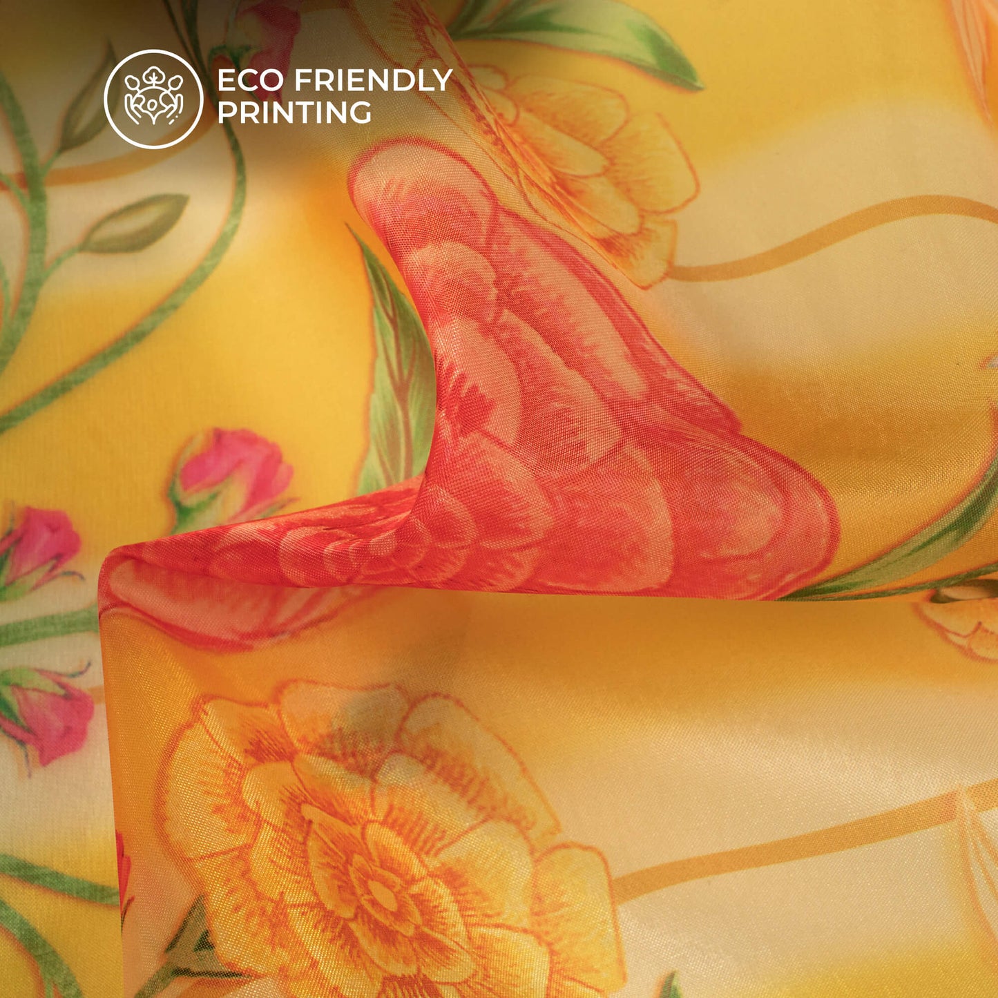 Mustard Yellow Floral Printed Organza Satin Fabric