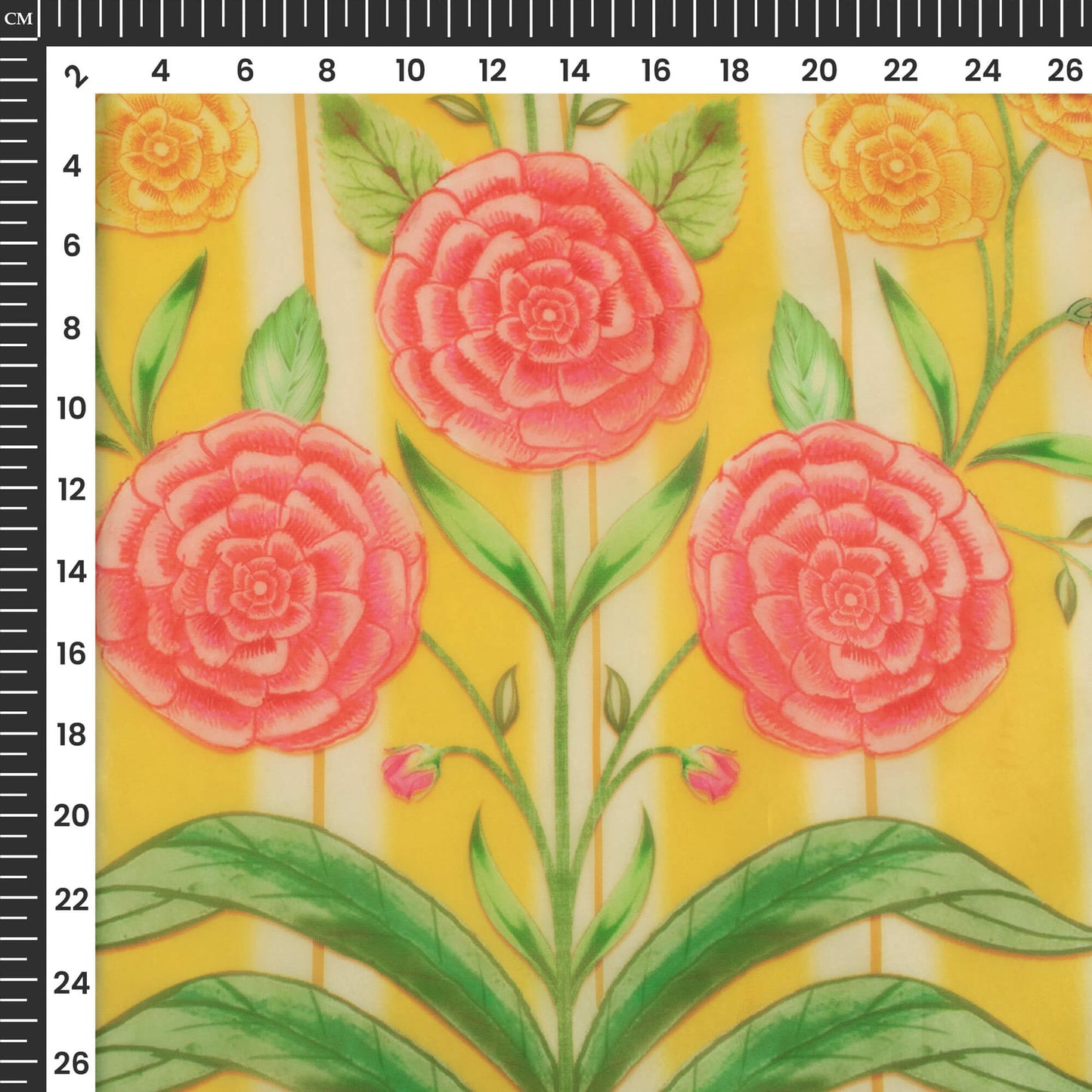 Mustard Yellow Floral Printed Organza Satin Fabric