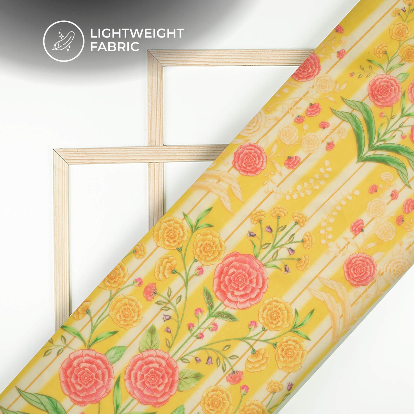 Mustard Yellow Floral Printed Organza Satin Fabric