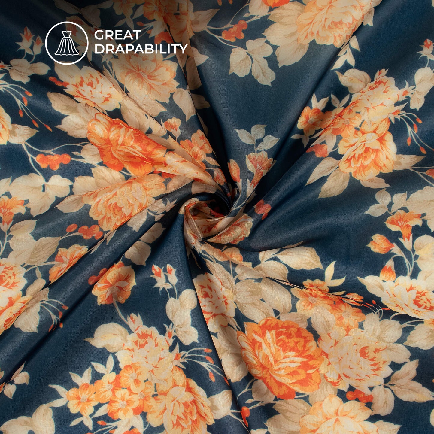 Blue And Beige Floral Printed Organza Satin Fabric