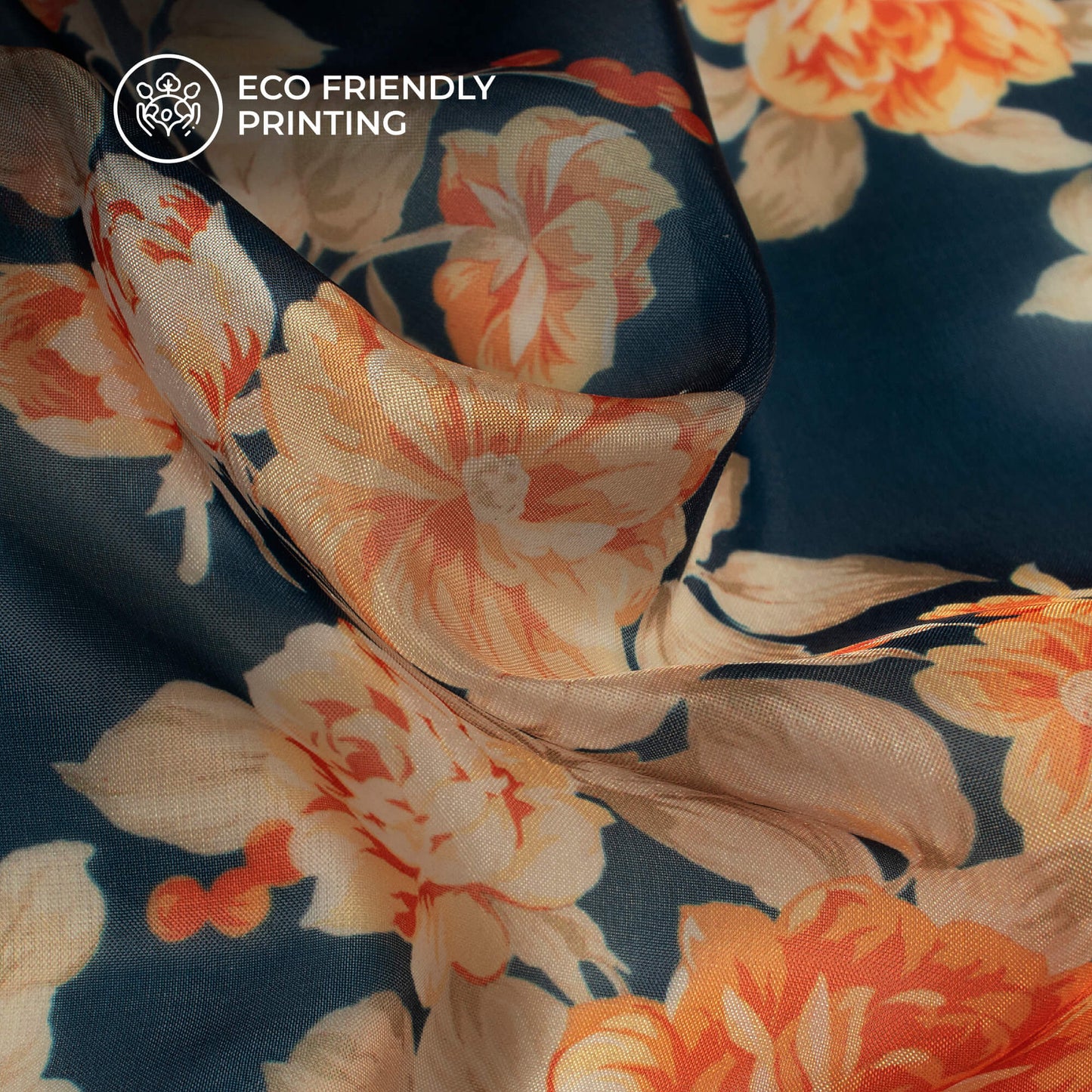 Blue And Beige Floral Printed Organza Satin Fabric