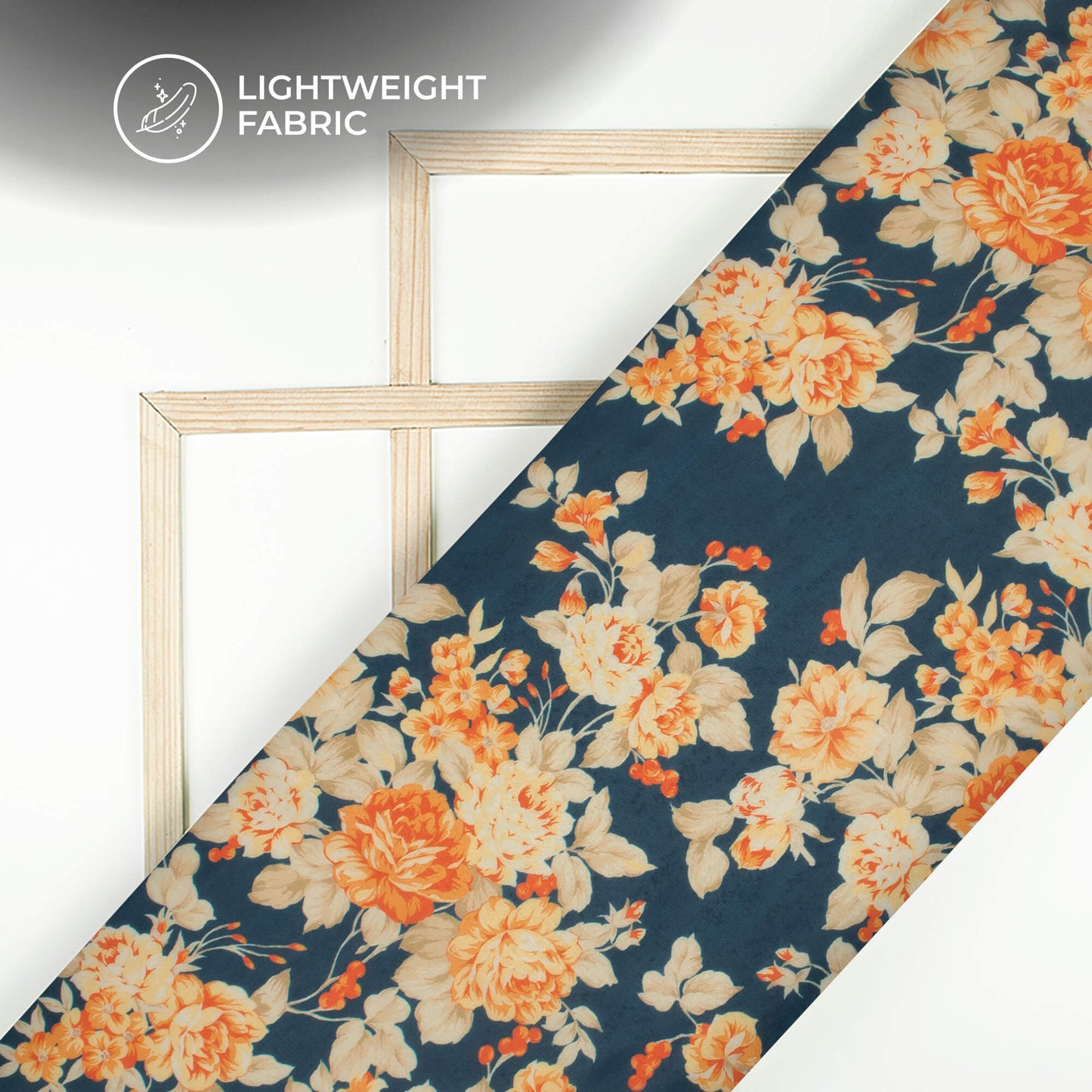 Blue And Beige Floral Printed Organza Satin Fabric