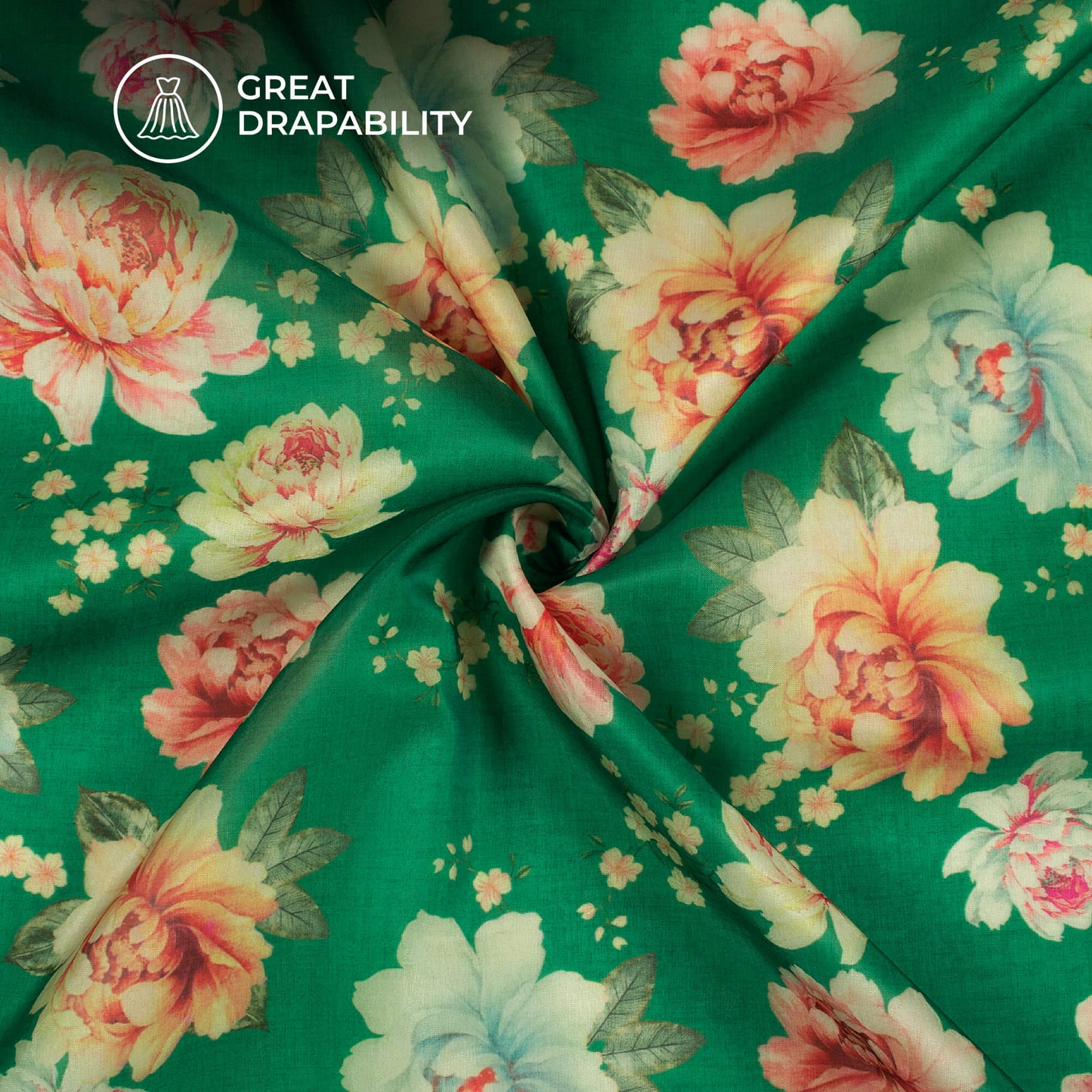 Forest Green And Pink Floral Printed Organza Satin Fabric