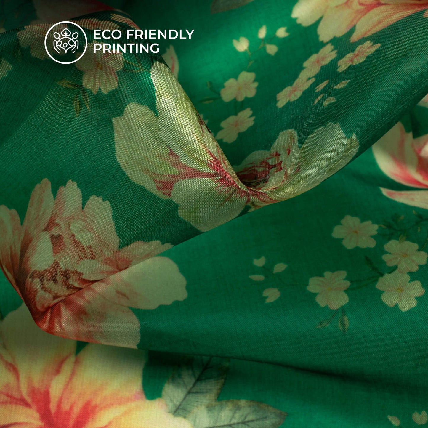 Forest Green And Pink Floral Printed Organza Satin Fabric