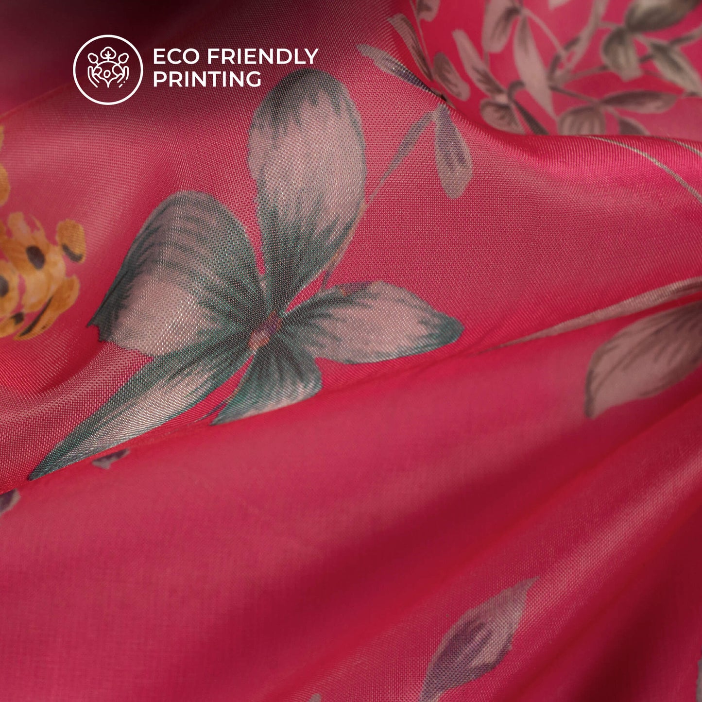 Creamy Pink And Golden Floral Printed Organza Satin Fabric