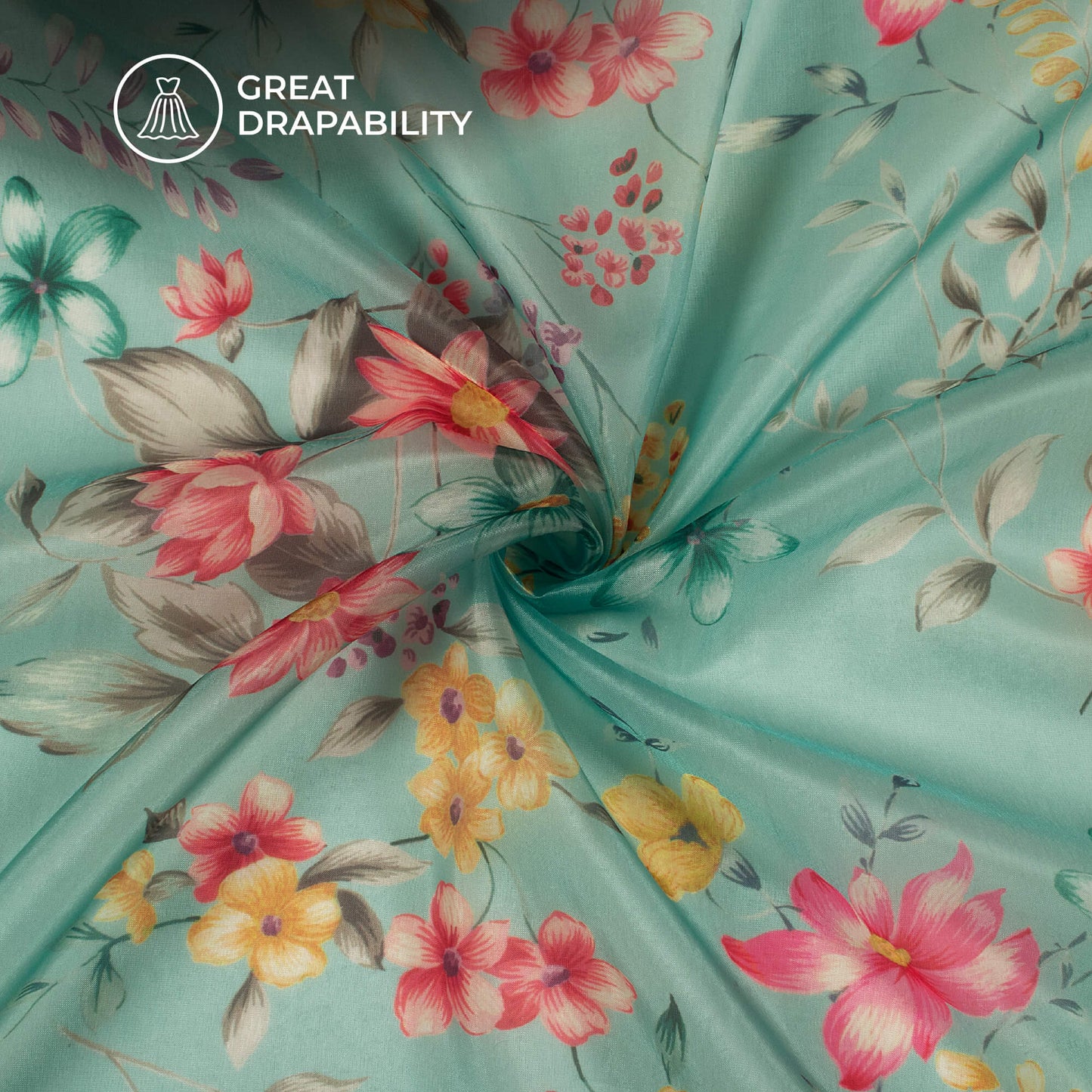 Pale Blue And Golden Yellow Floral Printed Organza Satin Fabric