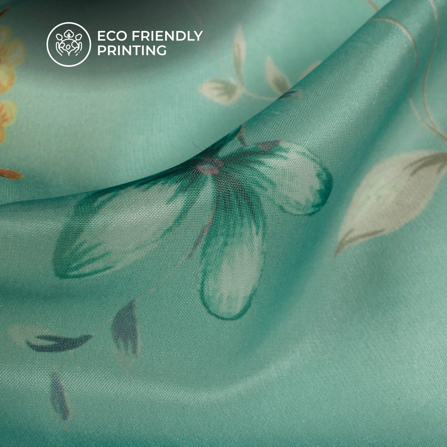 Pale Blue And Golden Yellow Floral Printed Organza Satin Fabric