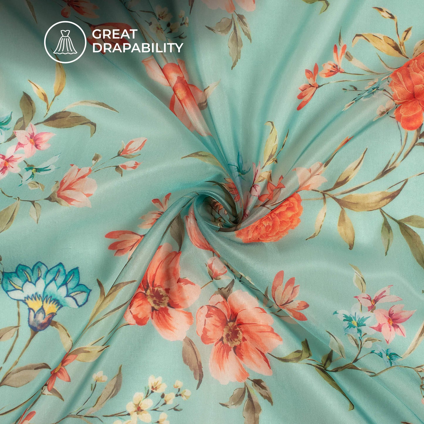 Pale Blue And Orange Floral Printed Organza Satin Fabric