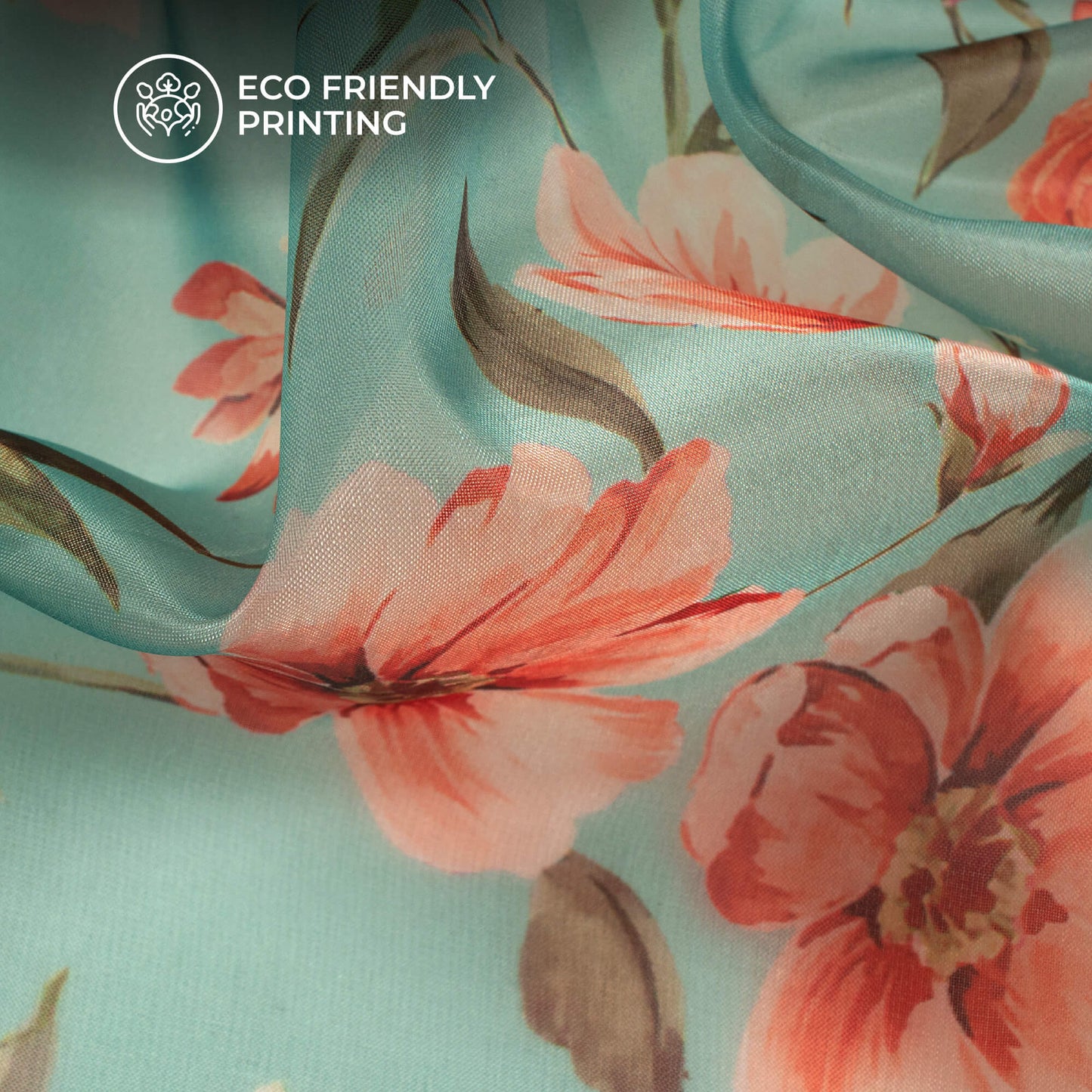 Pale Blue And Orange Floral Printed Organza Satin Fabric