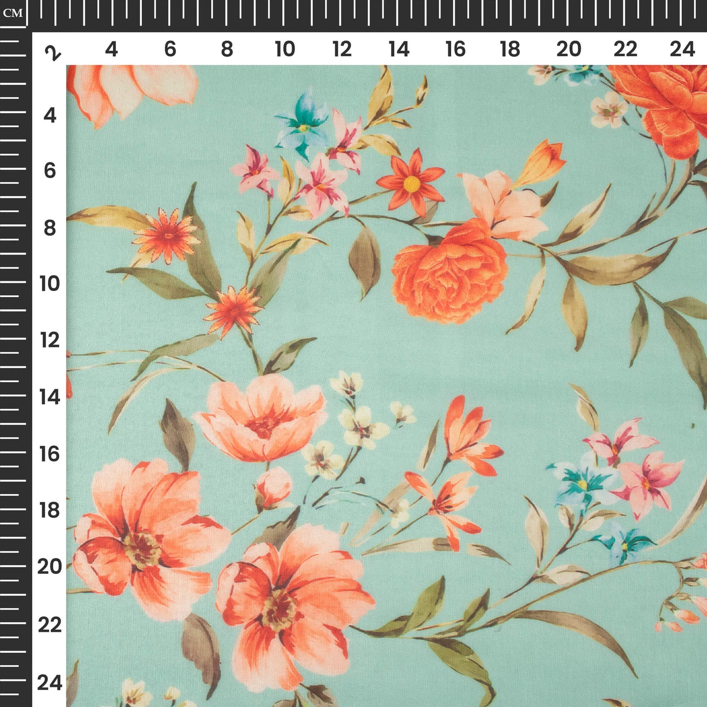 Pale Blue And Orange Floral Printed Organza Satin Fabric