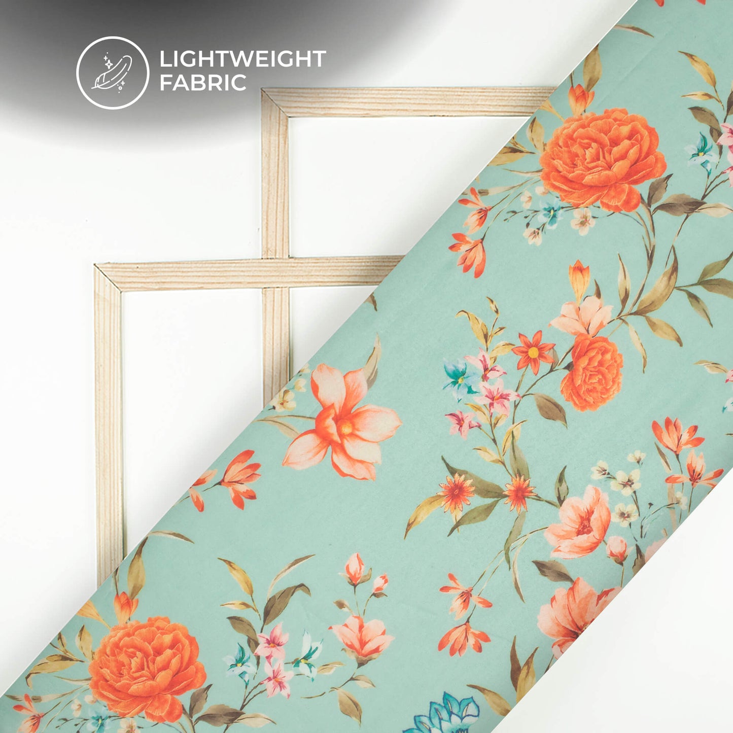 Pale Blue And Orange Floral Printed Organza Satin Fabric