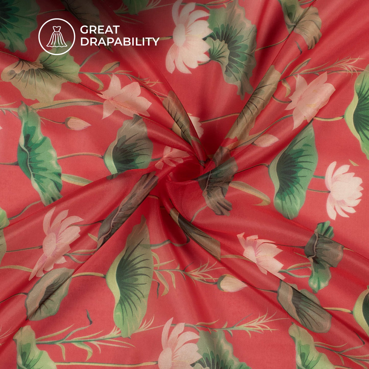 Indian Red And Green Foral Printed Organza Satin Fabric