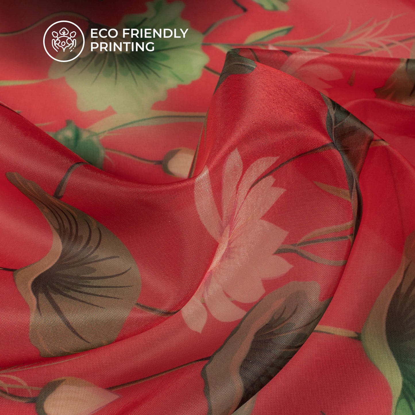 Indian Red And Green Foral Printed Organza Satin Fabric