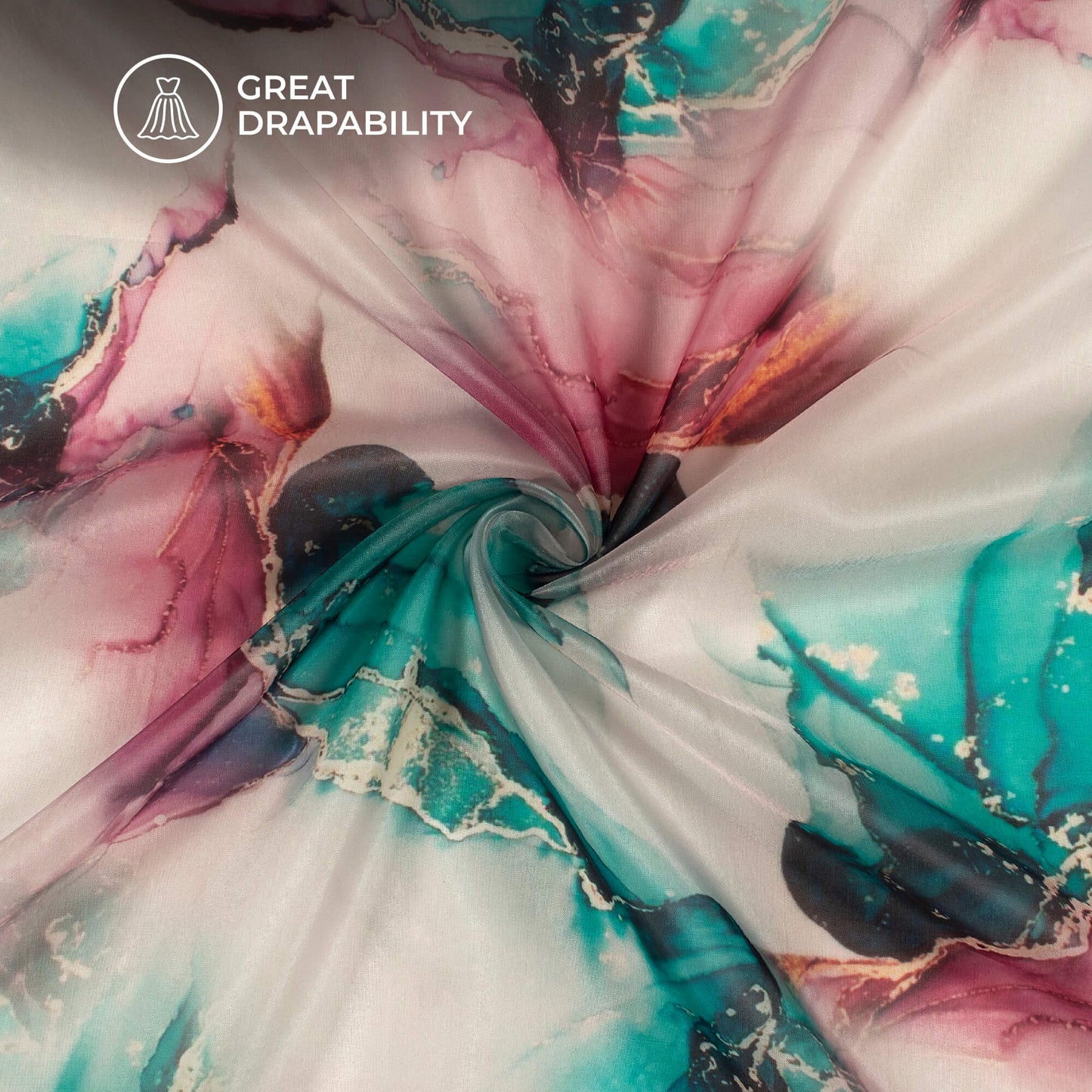 Teal Blue And Purple Marble Printed Organza Satin Fabric